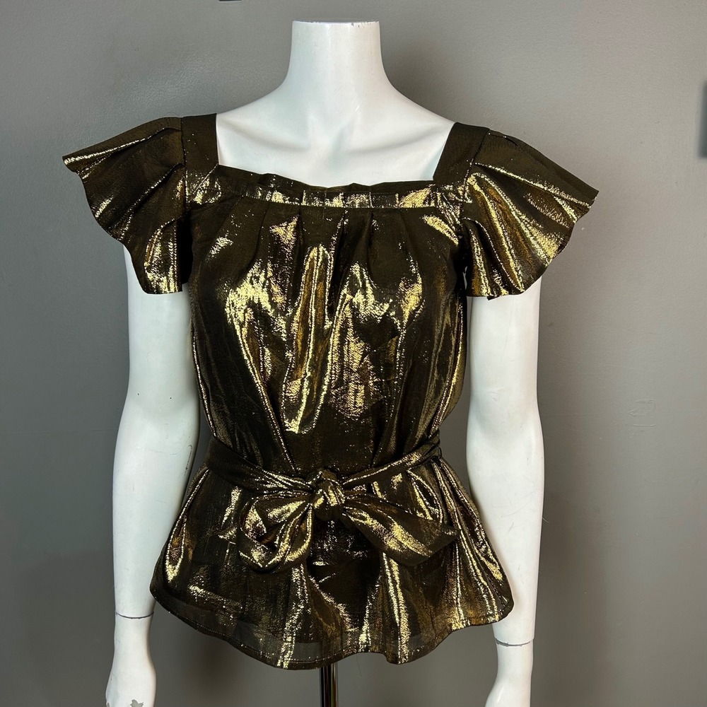 Disco Feminine Square Neck Top S Gold Metallic Hunter Dixon Flutter Sleeve NWT